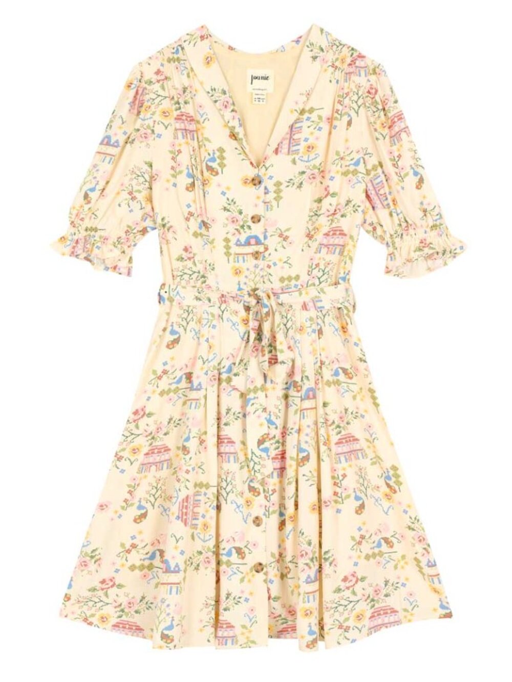 Joanie Barbarella Cross Stitch Tapestry Print Tea Dress, US 14, Cream